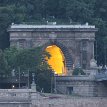 P009 the stone lion guarding the bridgehead also overlooking the Buda Hill tunnel at its Chain Bridge end; Buda Hill Tunnel, opened for foot traffic in March 1856...