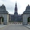 P008 Christiansborg Palace... with two Rococo pavilions from 1739 on each side of the Marble Bridge, the equestrian statue of King Christian IX in the center of the...