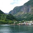 P028 Aurlandsfjord, an 18 miles long branch of Sognefjorden fjord, the popular picturesque tourist destination of the small village Undredal along the northwest of...