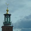 P009 ,,, three gilded crowns, coat of arms of the Kingdom of Sweden, at the apex of the 348-ft tall City Hall Tower...